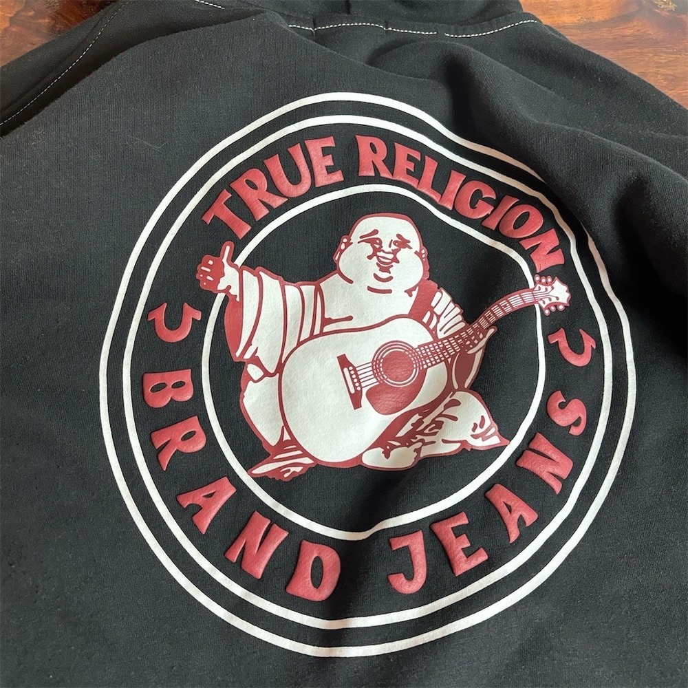 True Religion Hoodie Mens XL Black Full Zip Buddha Logo Graphic Fleece - Picture 8 of 9